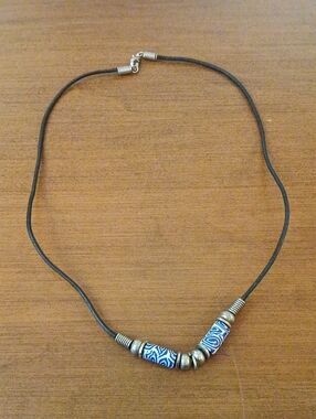 Blue Beaded Leather Cord Necklace with Silver Accents